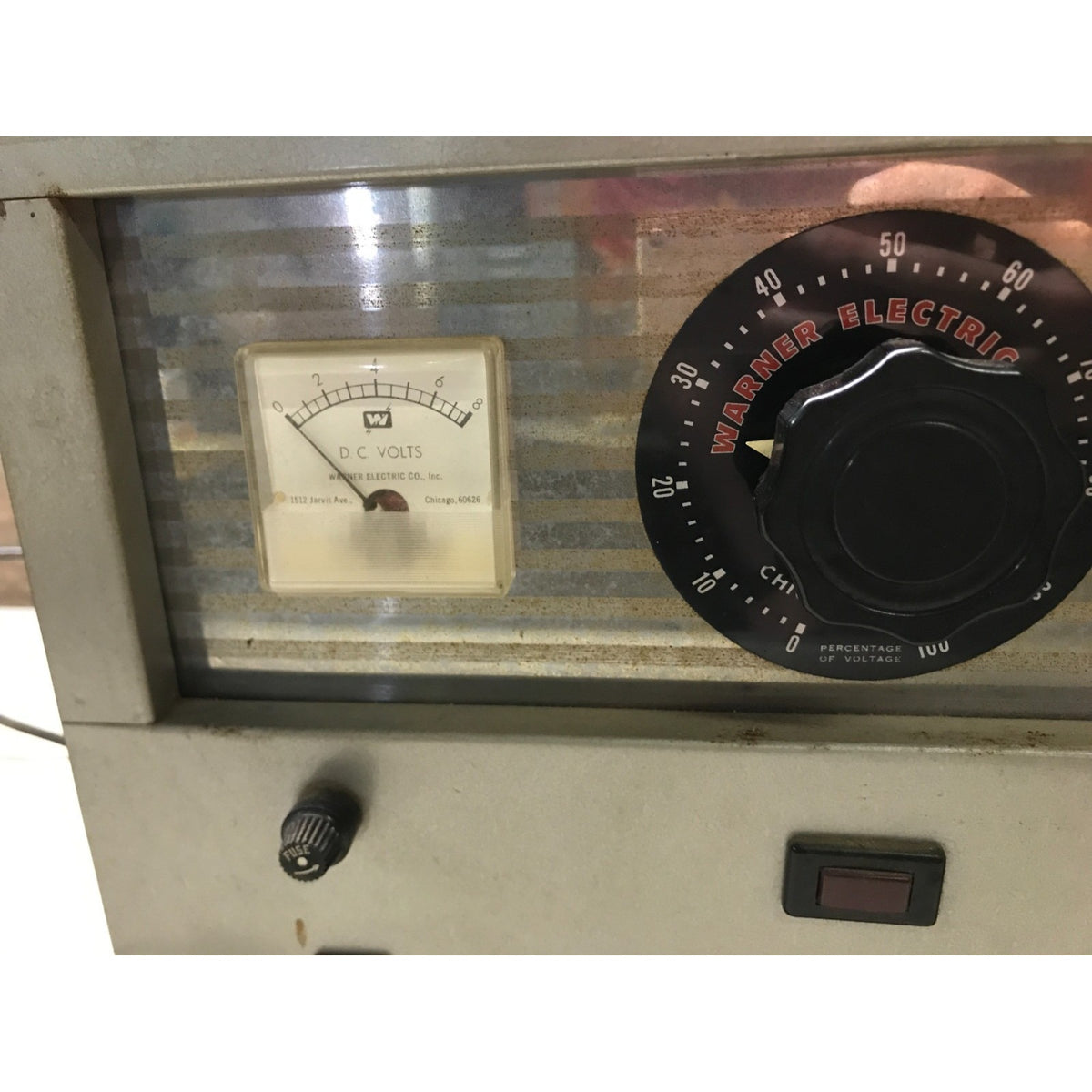Vintage Warner Electric Co. 911A 10 Amp Electroplating Power Unit closeup of left side of front panel