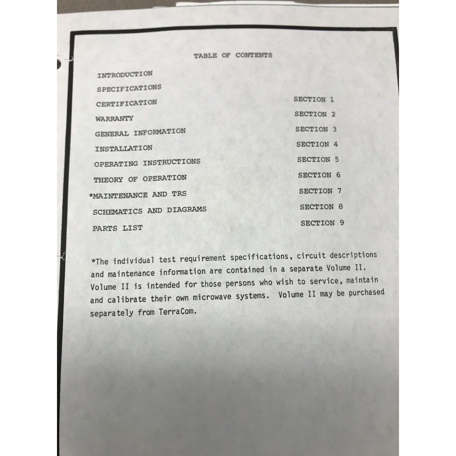 Terracom TCM-6 Series Analog Microwave Product Manual with Schematics table of contents