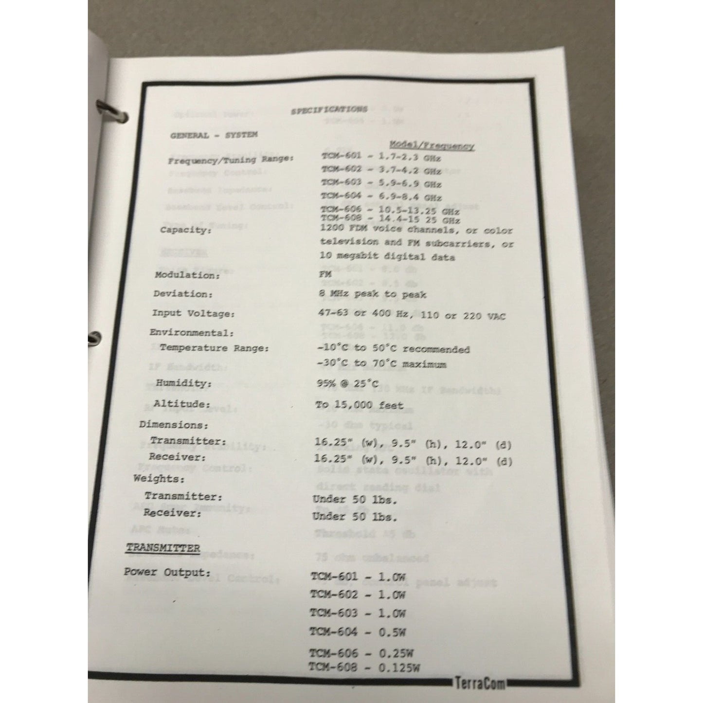 Terracom TCM-6 Series Analog Microwave Product Manual with Schematics specifications page