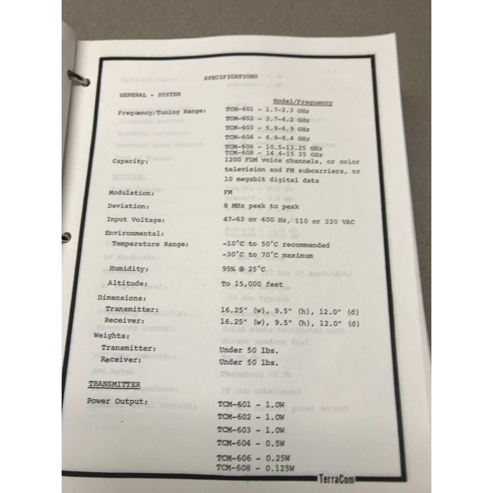 Terracom TCM-6 Series Analog Microwave Product Manual with Schematics specifications page