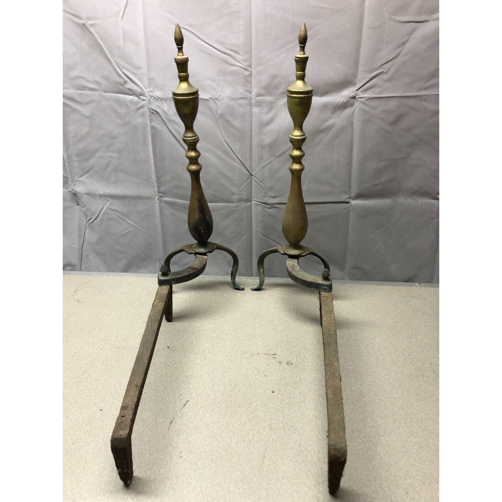 Pair of Andirons / Firedogs Brass and Cast Iron back view