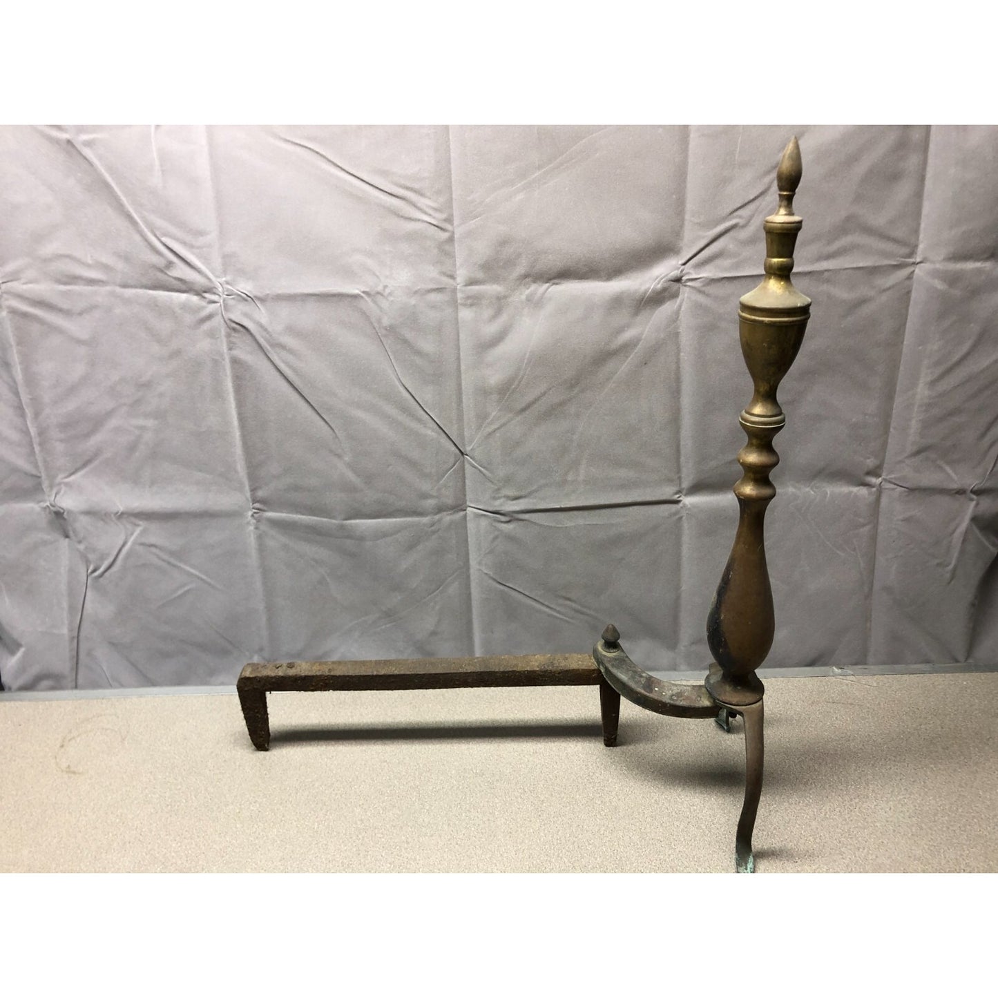 Pair of Andirons / Firedogs Brass and Cast Iron side view