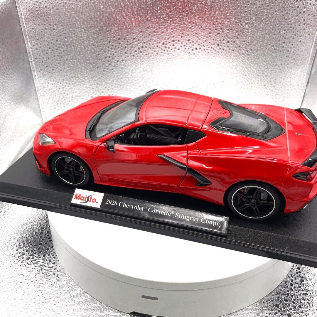 Maisto 2020 Chevrolet Corvette Stingray Coupe Red Die Cast with Base, Scale: 1/18 driver's side view