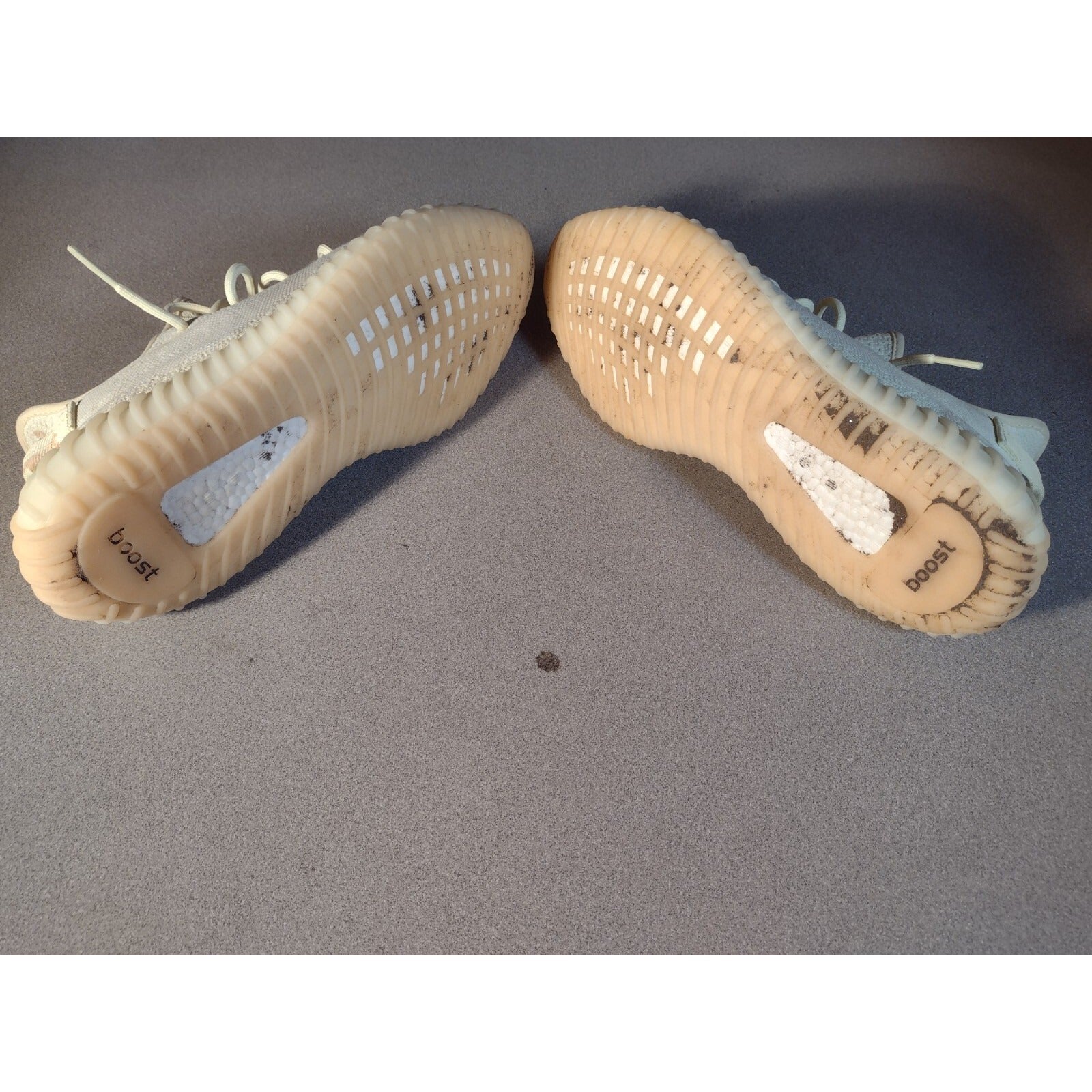 Adidas Yeezy Boost 350 V2, US Size 12 Mens, F36980 Butter view of the shoe soles minor wear