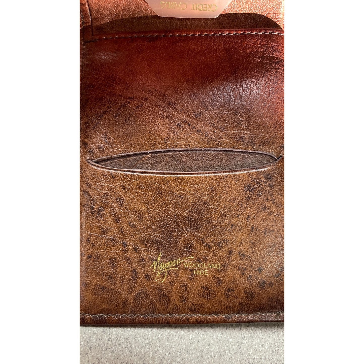Stanley of England Brown Leather Wallet closeup of card slot and manufacturers stamp