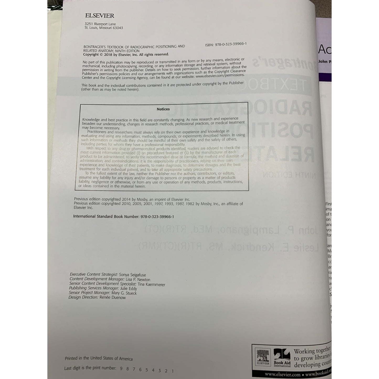 Radiographic Positioning and Related Anatomy 9th Edition J. Lampignano and L. Kendrick - Used Textbook inside information page with publishing versions data