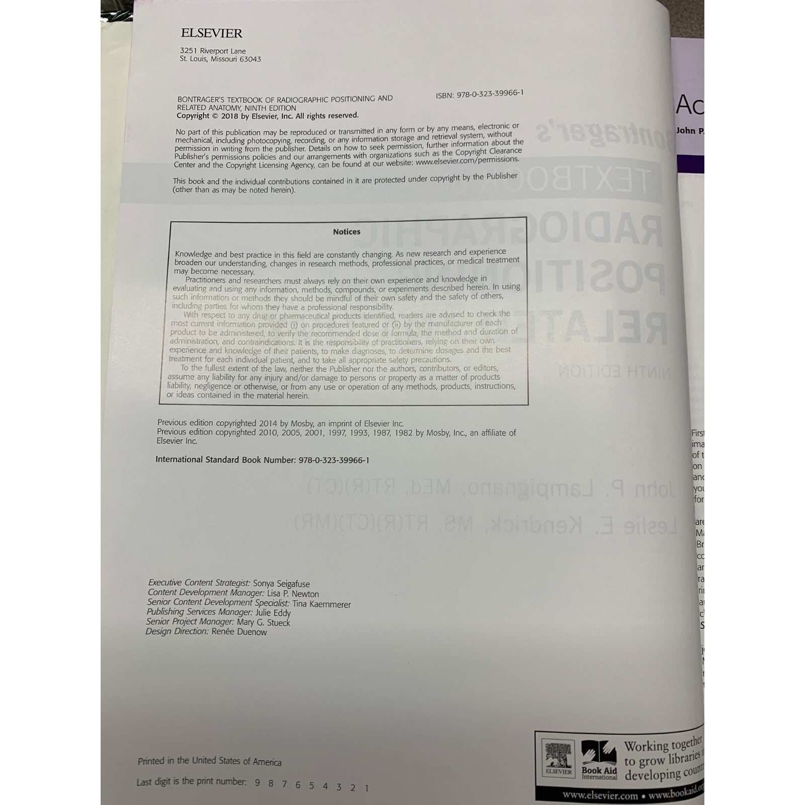 Radiographic Positioning and Related Anatomy 9th Edition J. Lampignano and L. Kendrick - Used Textbook inside information page with publishing versions data