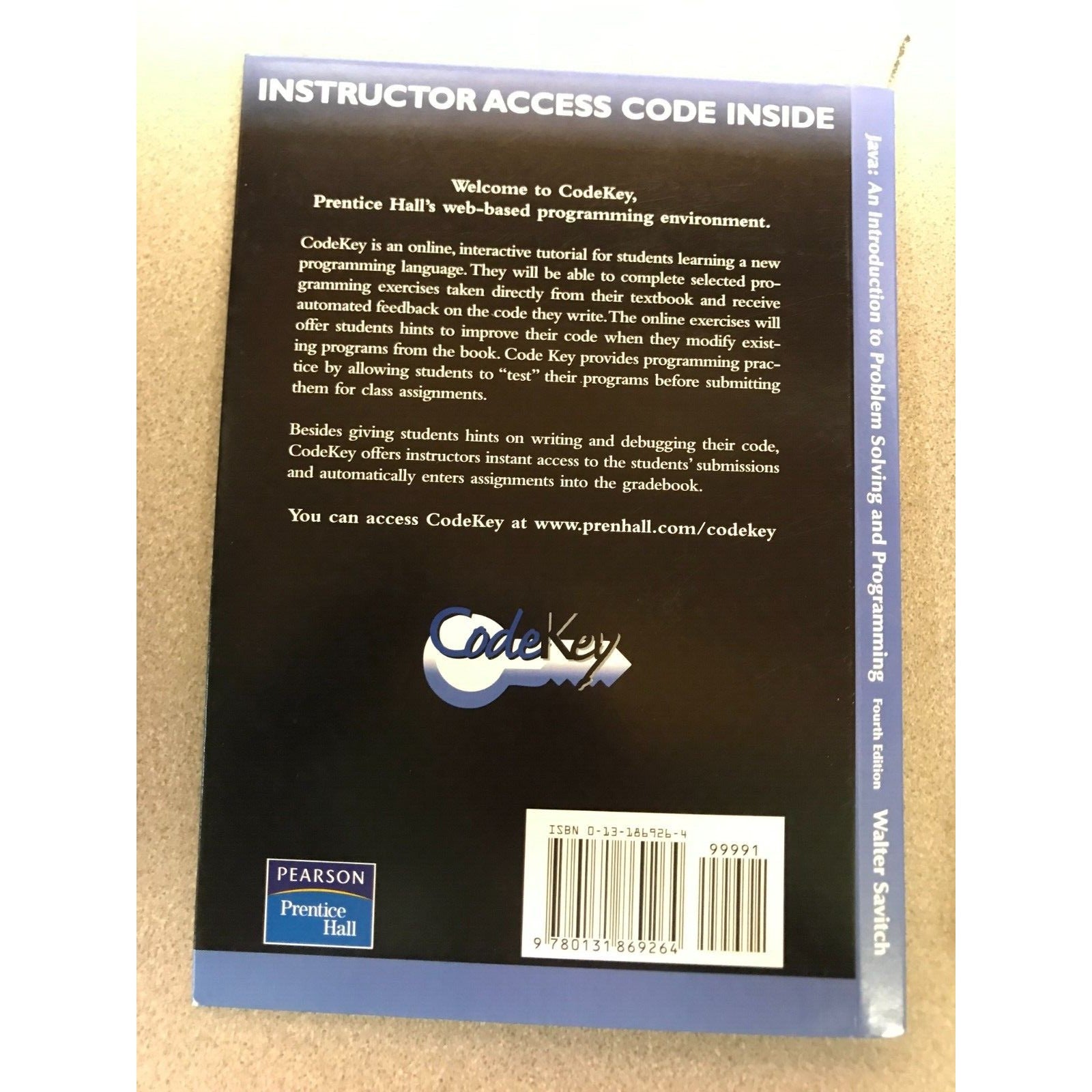 Instructor Access Kit Code Key for Java - An Introduction to Problem Solving and Programming Fourth Edition by Walter Savitch back of package