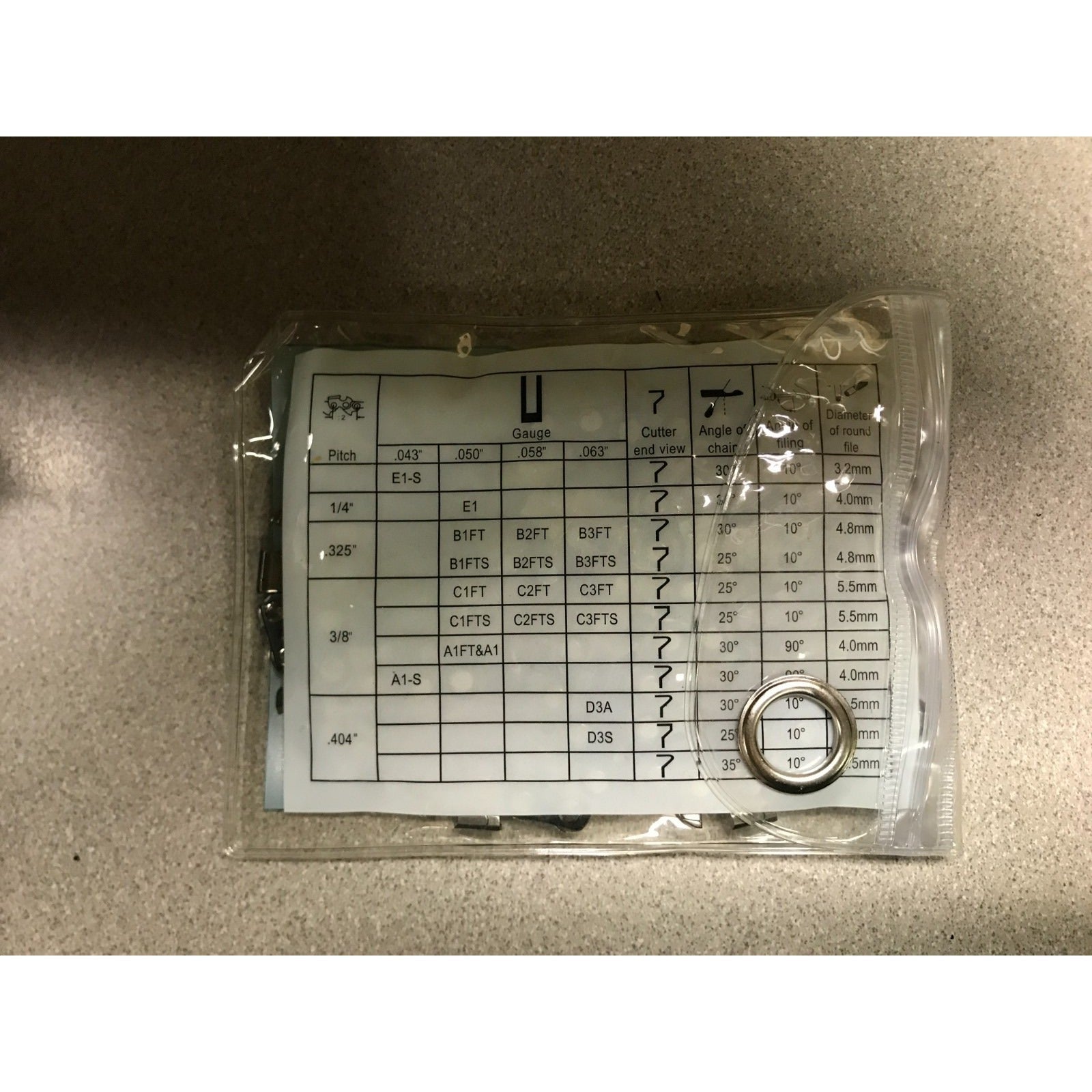 Chainsaw Chain V-Modest 325-063-S-68 DL, 325 pitch, 0.063 gauge, 68 links back of package chain specifications