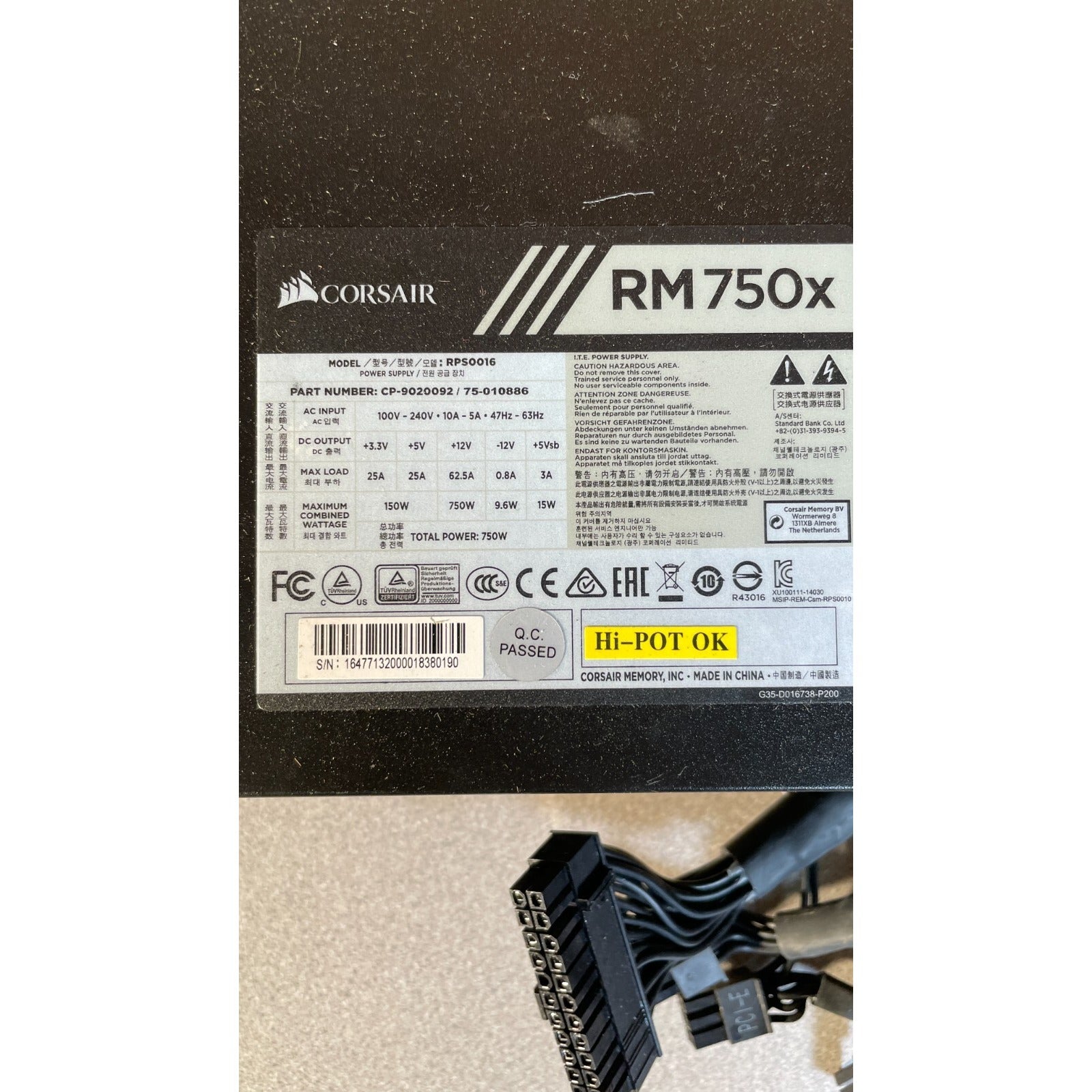 Corsair RM750x Model RPS0016 Power Supply product label details