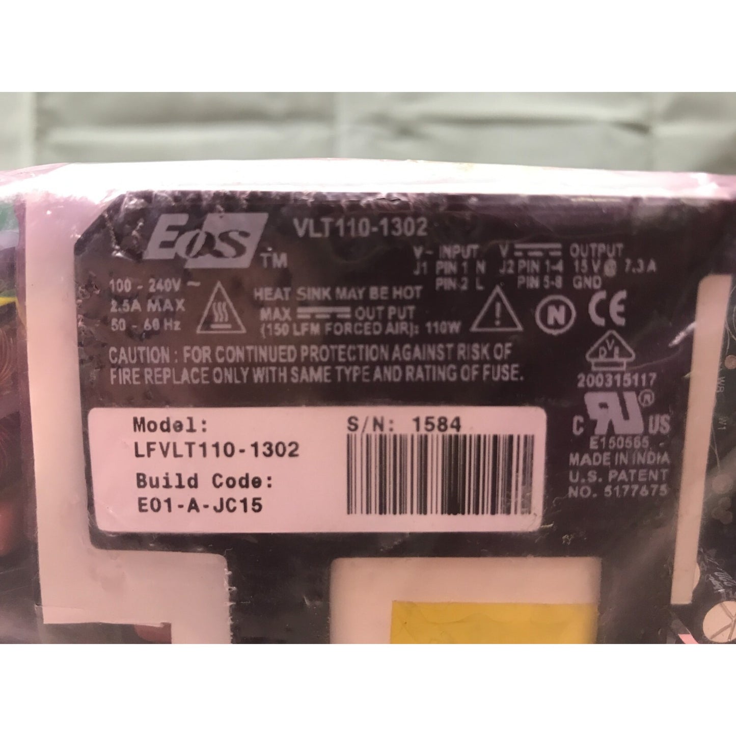 EOS Model LFVLT110-1302 100-240V closeup of product label
