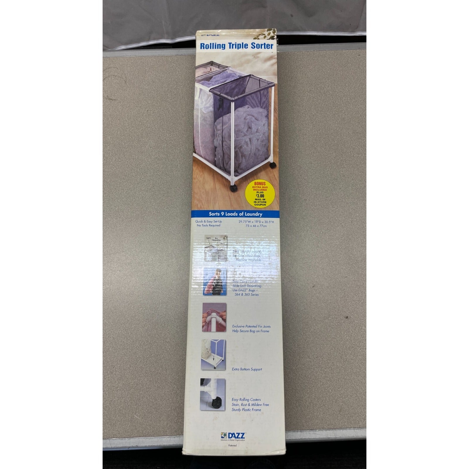 Dazz Laundry Rolling Triple Sorter 30in x 18in x 31in back of box item details