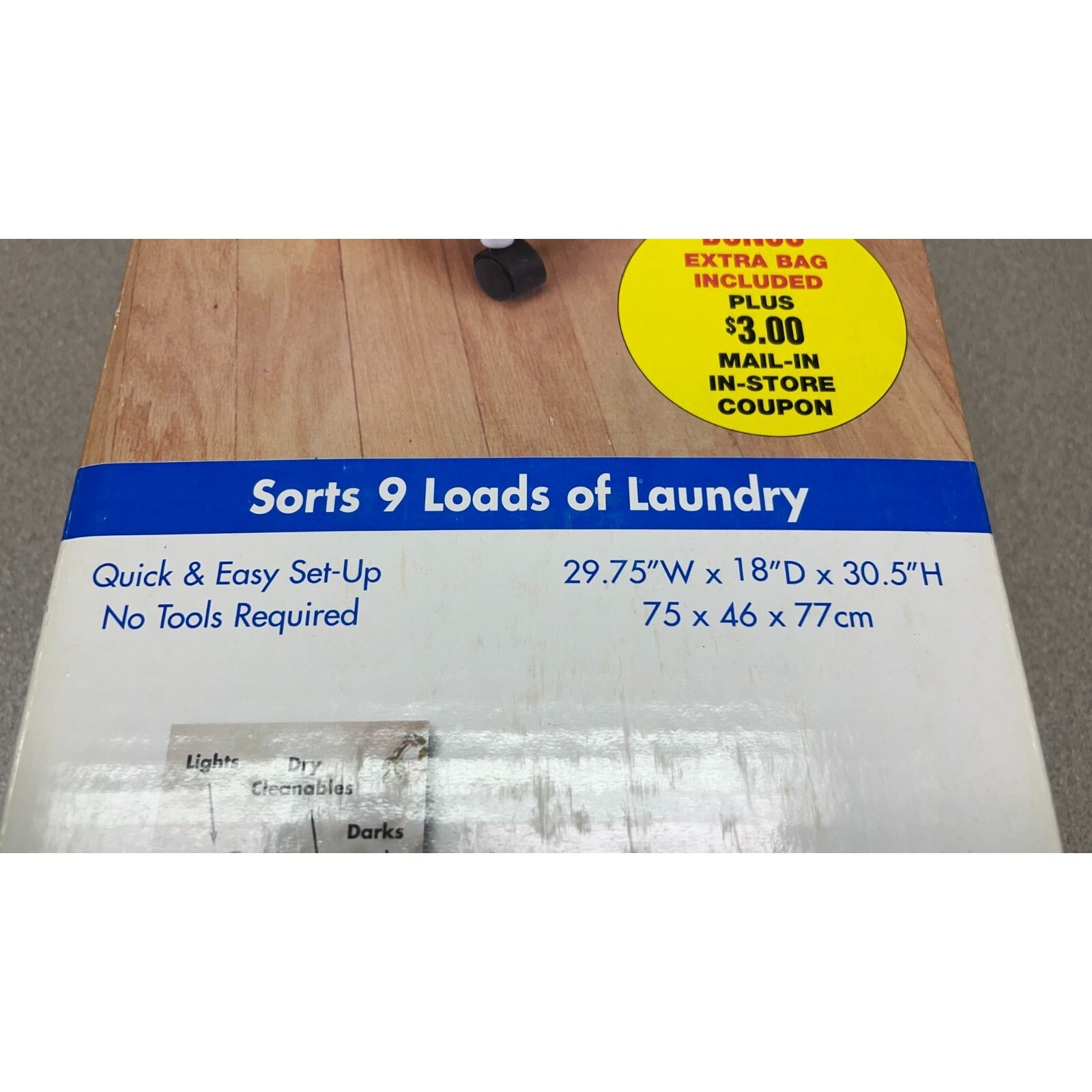 Dazz Laundry Rolling Triple Sorter 30in x 18in x 31in front of box closeup item dimensions and details