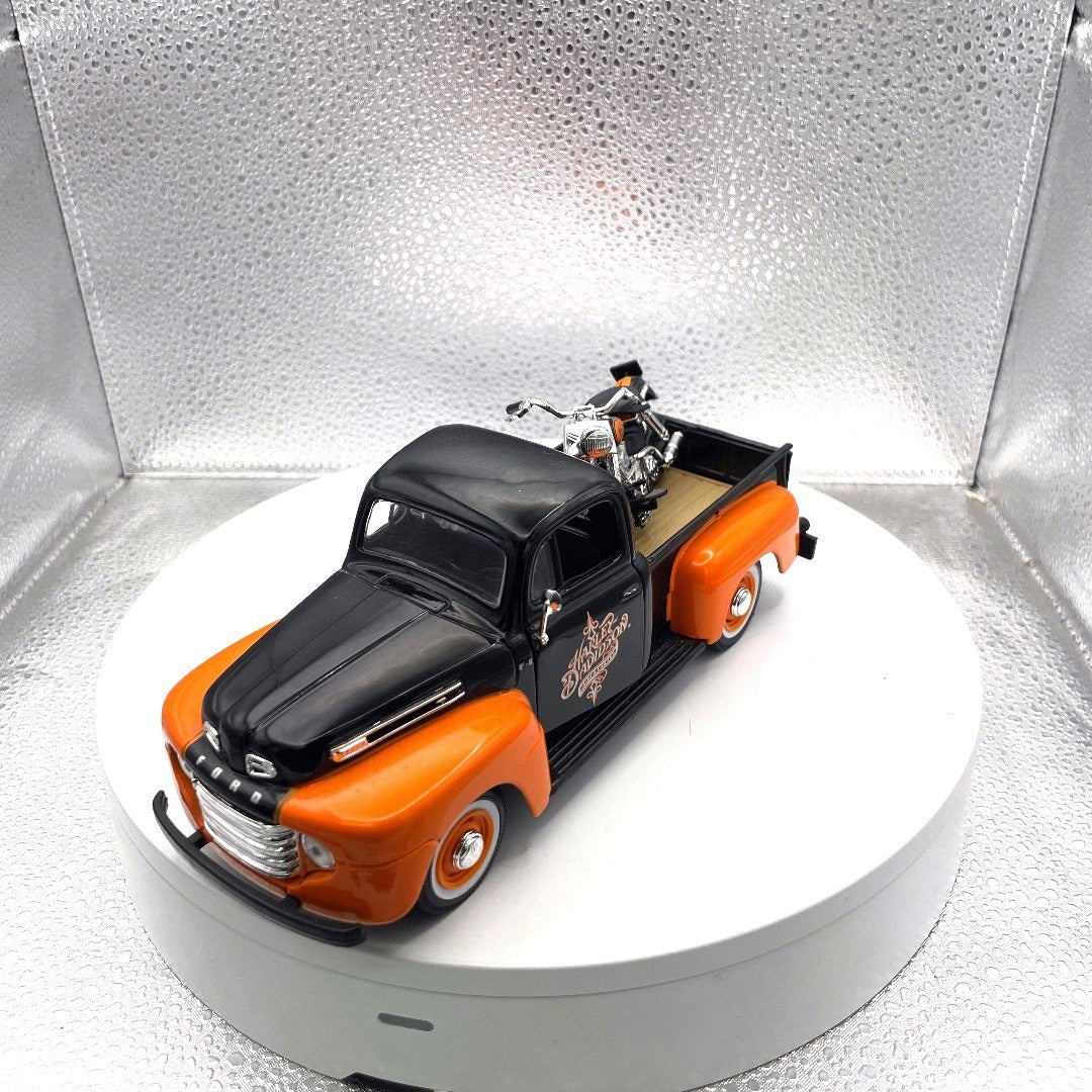 Maisto 1948 Ford F1 Pickup Harley Davidson Die Cast with Motorcycle, Scale: 1/25, No. 01618 front end/drivers side view