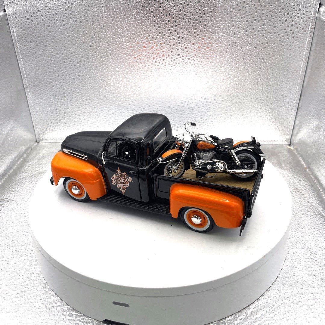 Maisto 1948 Ford F1 Pickup Harley Davidson Die Cast with Motorcycle, Scale: 1/25, No. 01618 driver side/ back end view with motorcycle in back