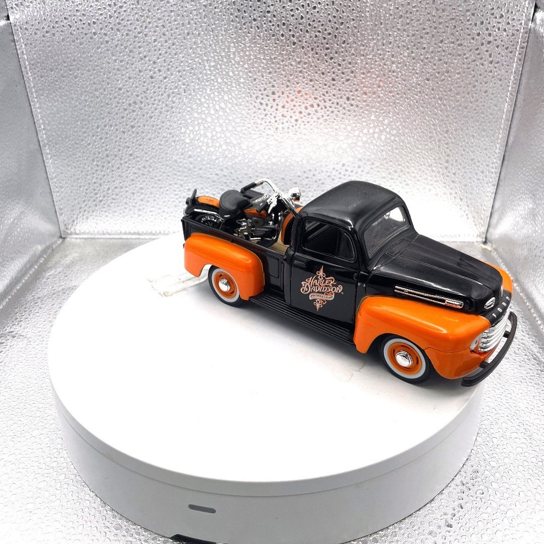 Maisto 1948 Ford F1 Pickup Harley Davidson Die Cast with Motorcycle, Scale: 1/25, No. 01618 passenger side/front end view