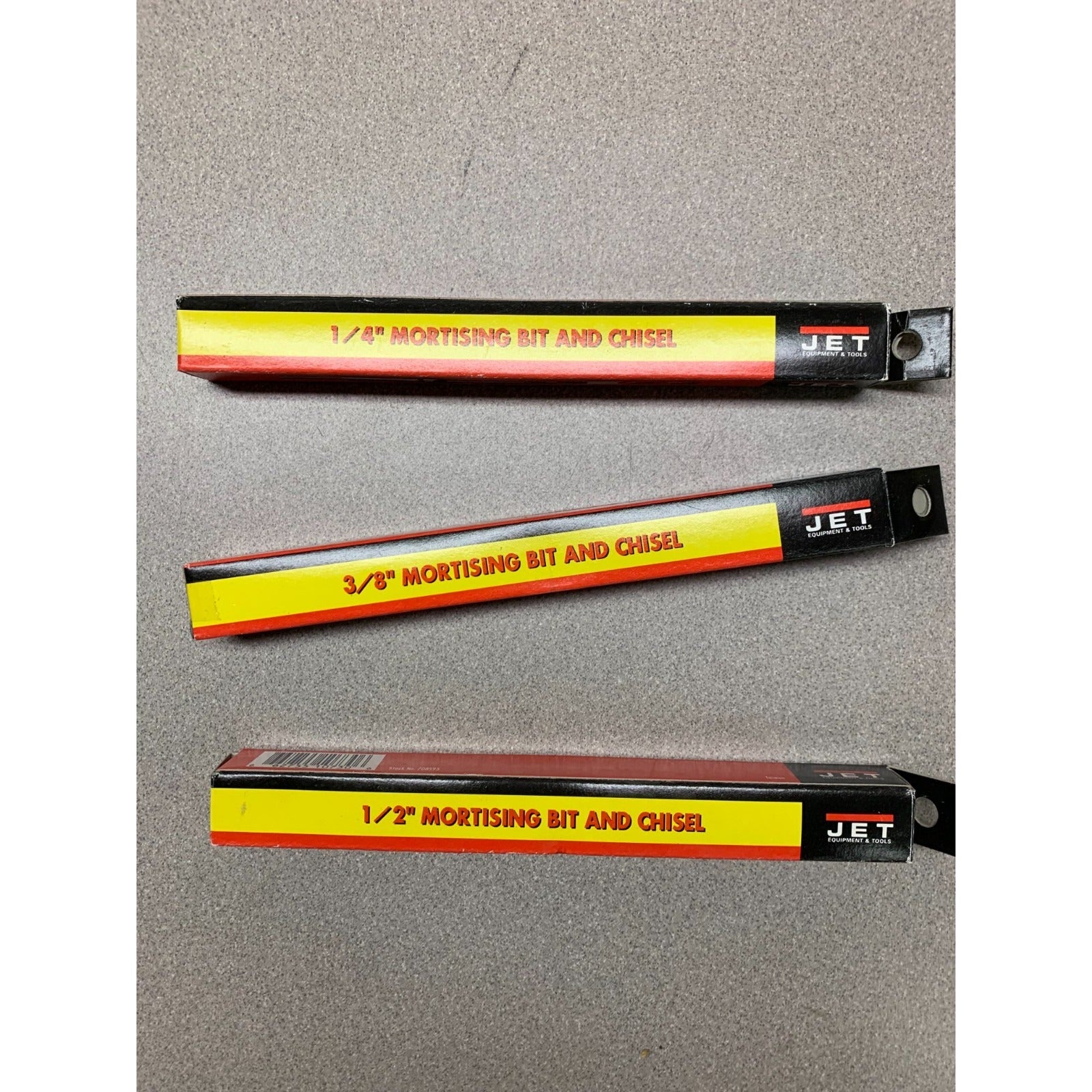 3 JET Mortising Bit and Chisel - Includes 1/4", 3/8", and 1/2" Bits
side of box indicating bit size