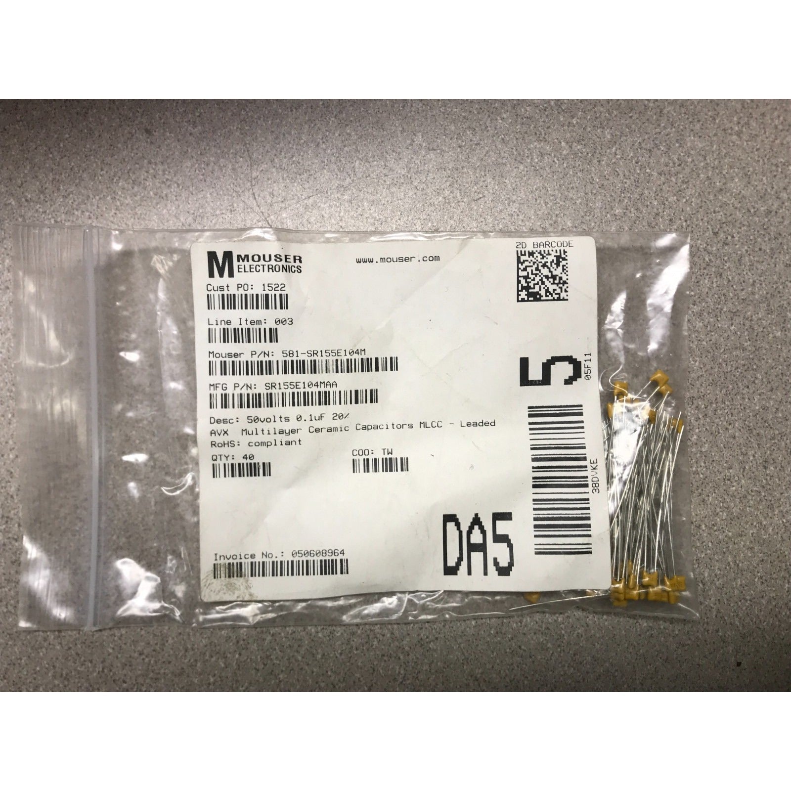 50V 0.1uF 20% AVX Multilayer Ceramic Capacitors MLCC - Leaded package with Mouser Electronics product label 