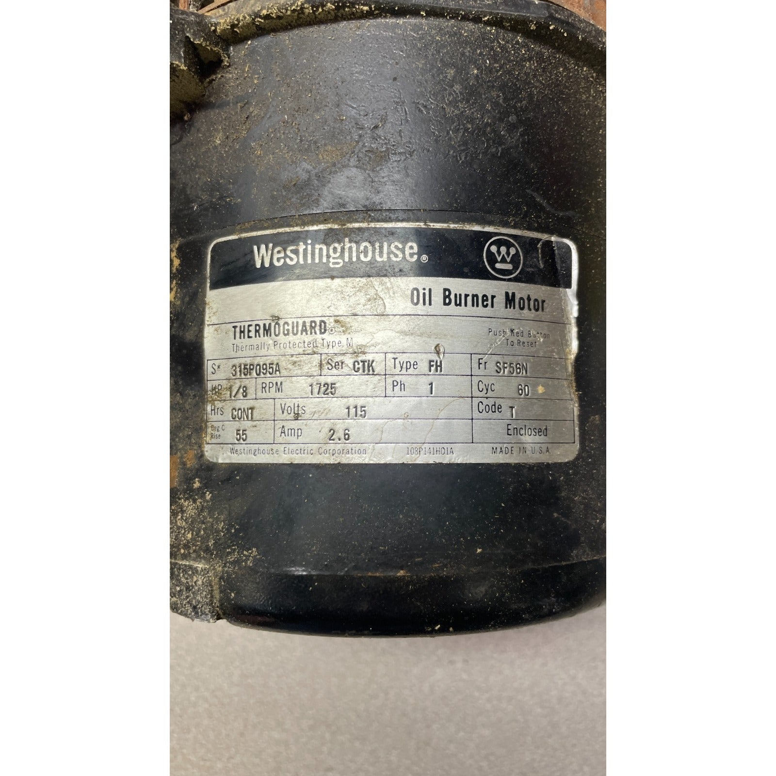 Westinghouse Oil Burner Motor 108P141H01A closeup of product label