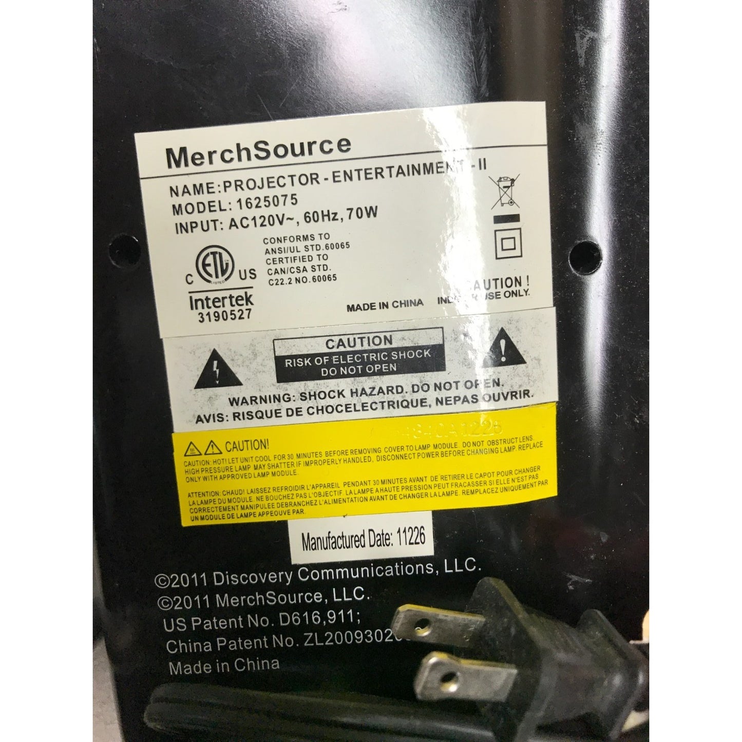 Discovery Wonderwall Expedition Entertainment LCD Projector Model 1625075 closeup of product label