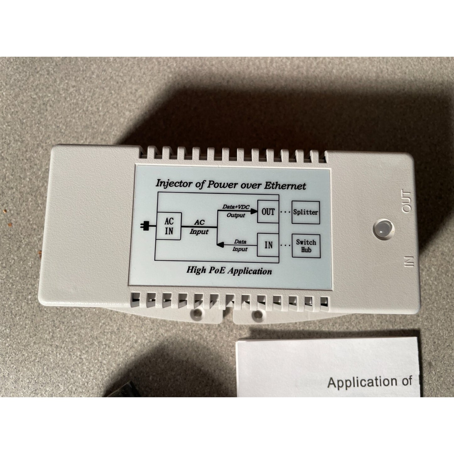 PoE+ Power Over Ethernet Injector TP-POE-HP-48 top of unit closeup