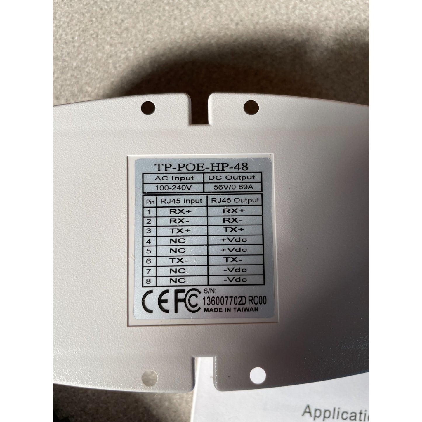 PoE+ Power Over Ethernet Injector TP-POE-HP-48 bottom of unit closeup input/output label