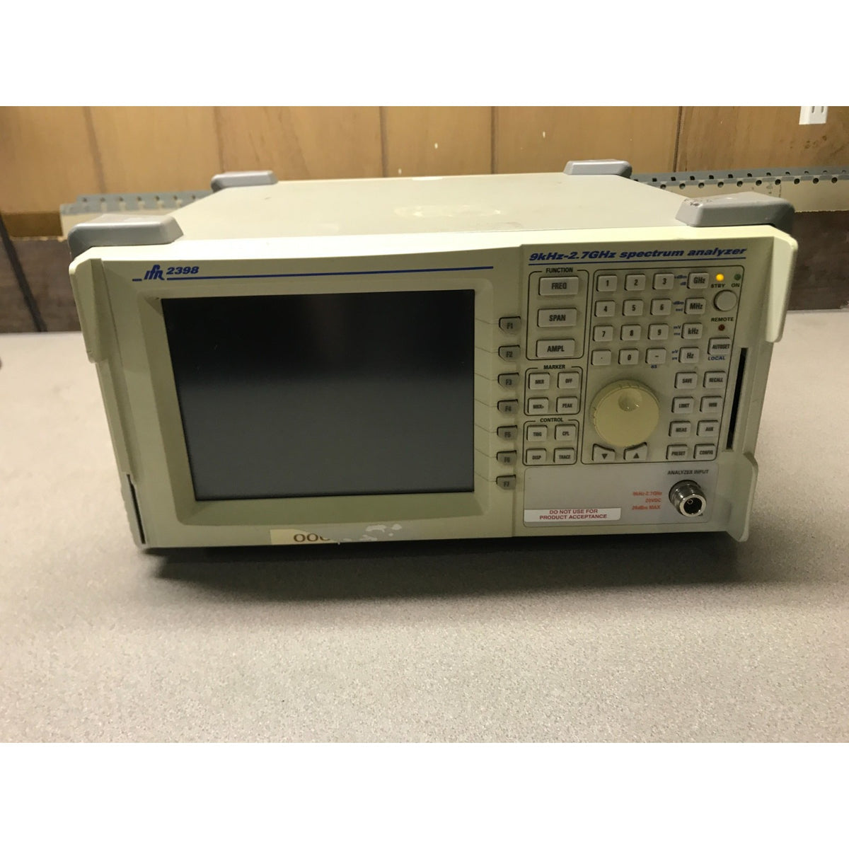IFR 2398 9 kHz-2.7 GHz, +26 to -105 dBm, Spectrum Analyzer front panel view with stand by light illuminated