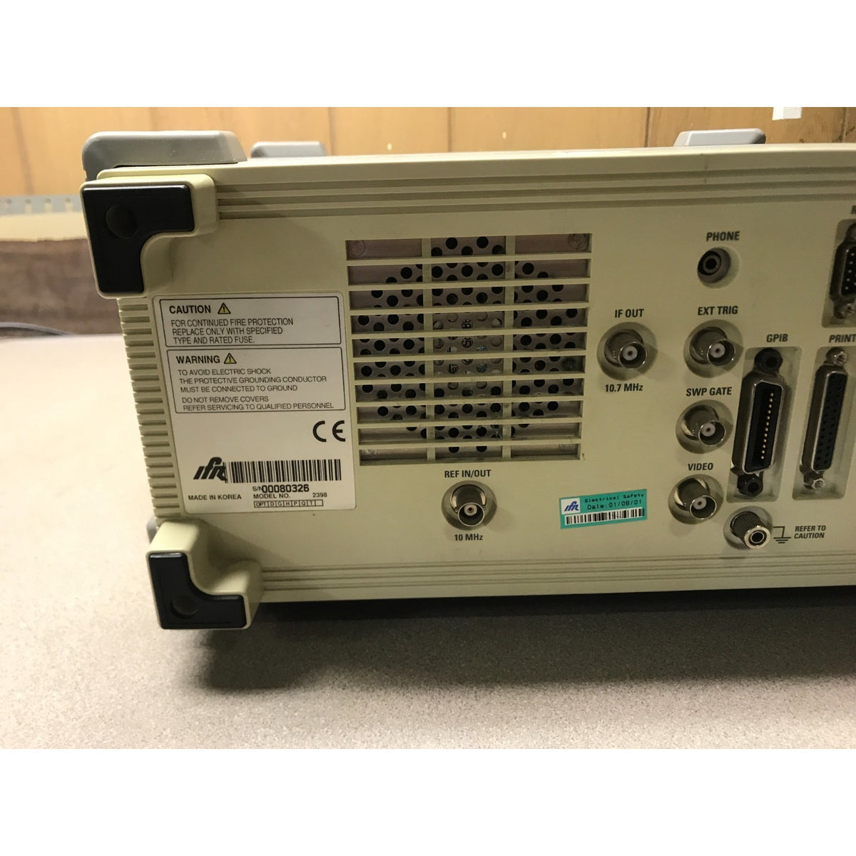 IFR 2398 9 kHz-2.7 GHz, +26 to -105 dBm, Spectrum Analyzer closeup of left side of back panel