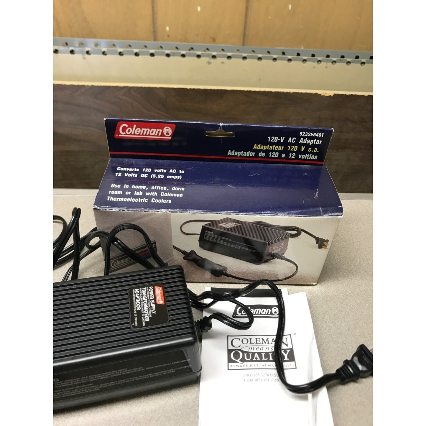 Coleman 120-V AC Adaptor, Converts to 12 Volts DC (5.25 amps), 5232E640T adaptor manual and box
