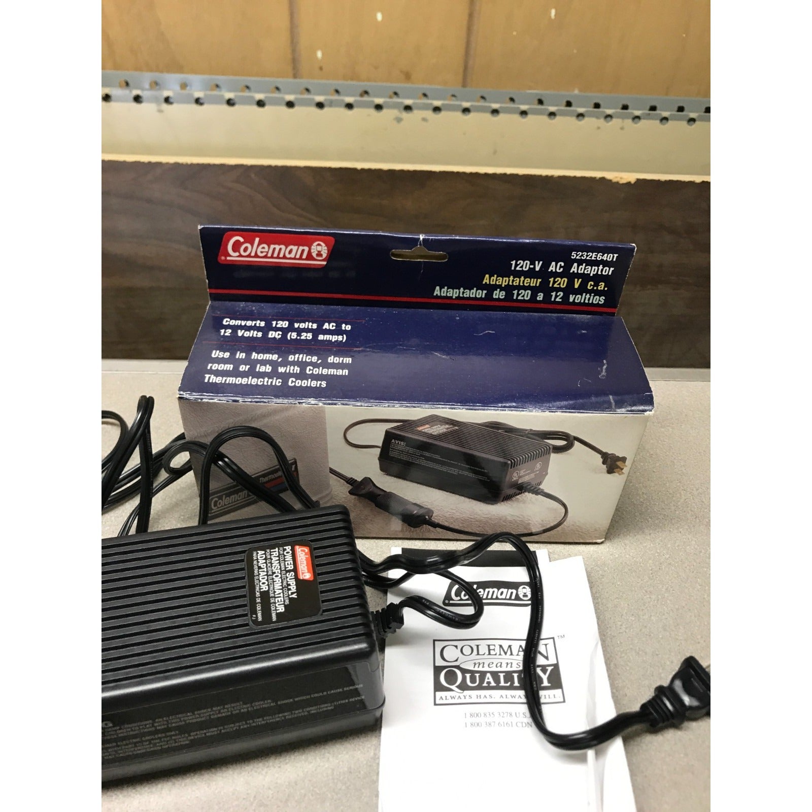 Coleman 120-V AC Adaptor, Converts to 12 Volts DC (5.25 amps), 5232E640T adaptor manual and box