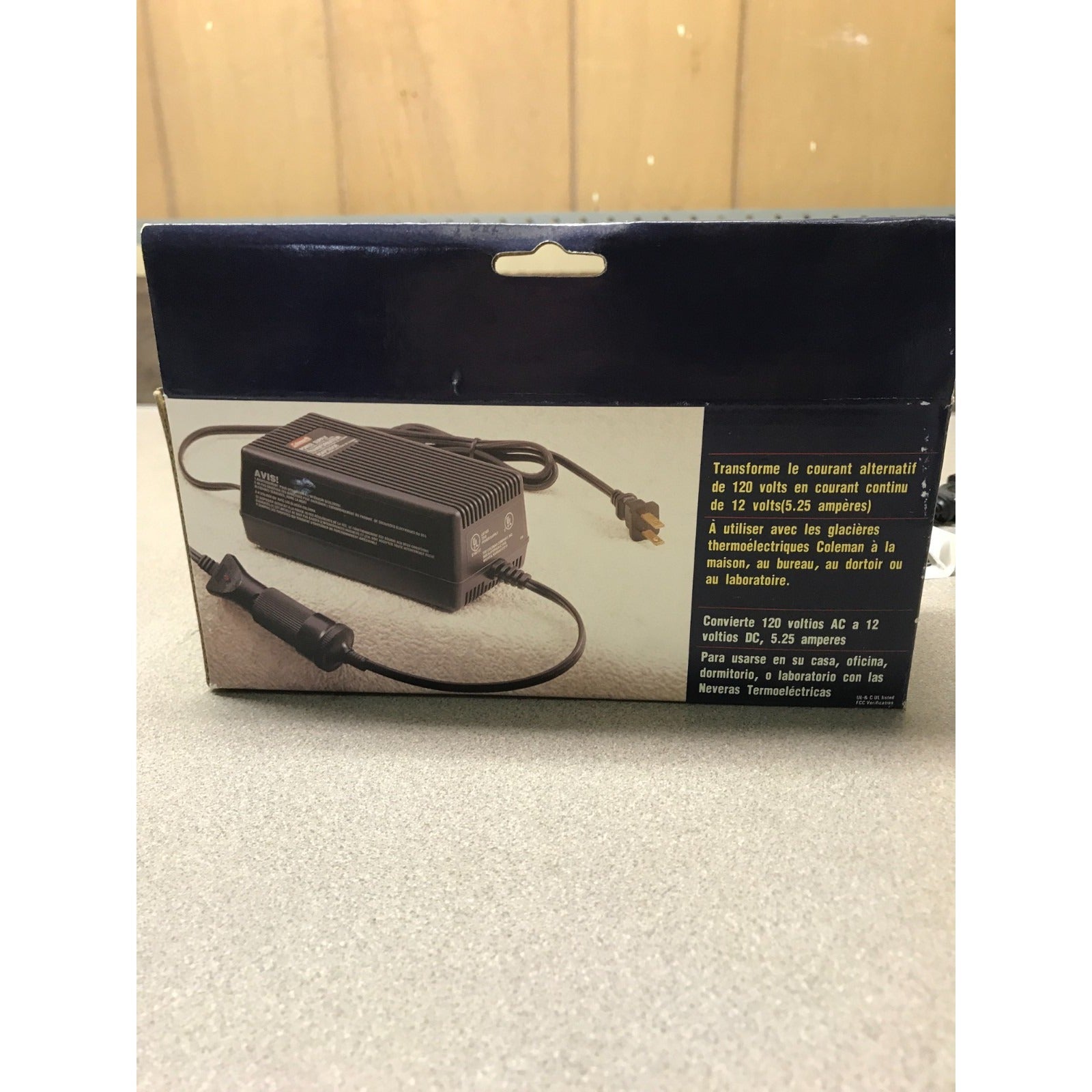 Coleman 120-V AC Adaptor, Converts to 12 Volts DC (5.25 amps), 5232E640T back of box more item information