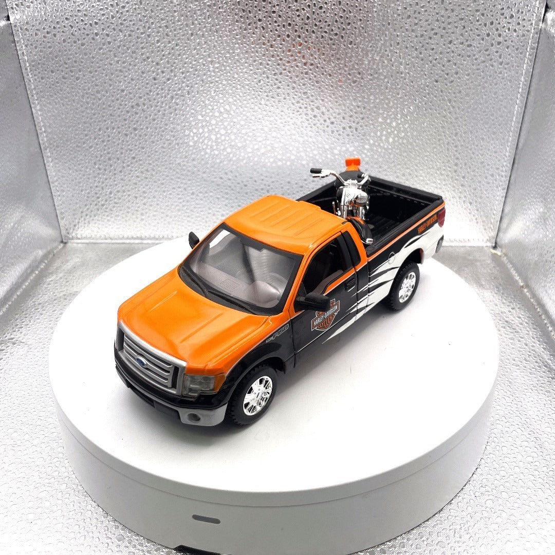 Maisto 2010 Ford F-150 STX Harley Davidson Die Cast with Motorcycle, Scale: 1/27, No. 01618 front end/drivers side view