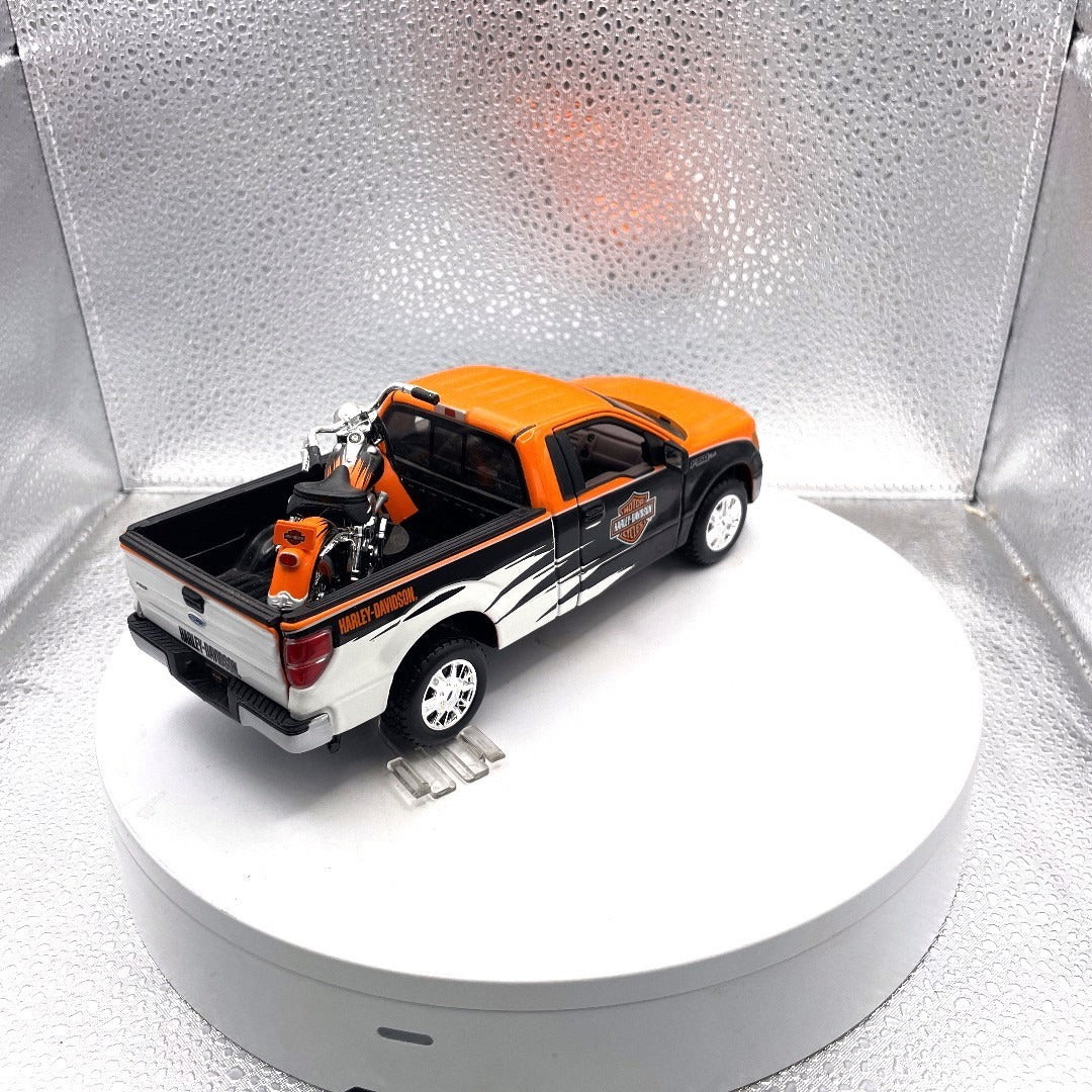 Maisto 2010 Ford F-150 STX Harley Davidson Die Cast with Motorcycle, Scale: 1/27, No. 01618 back end/passenger side view