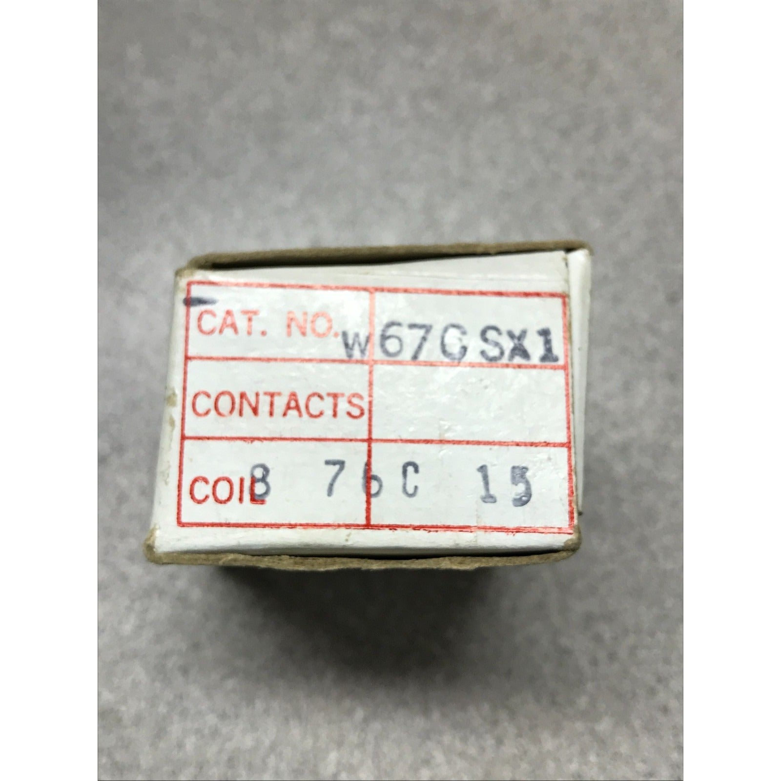Magnecraft Relay W67CSX-1, Nom. Volts=6, Res. OHMs=52, Cont. Rating =3A side of box with part number