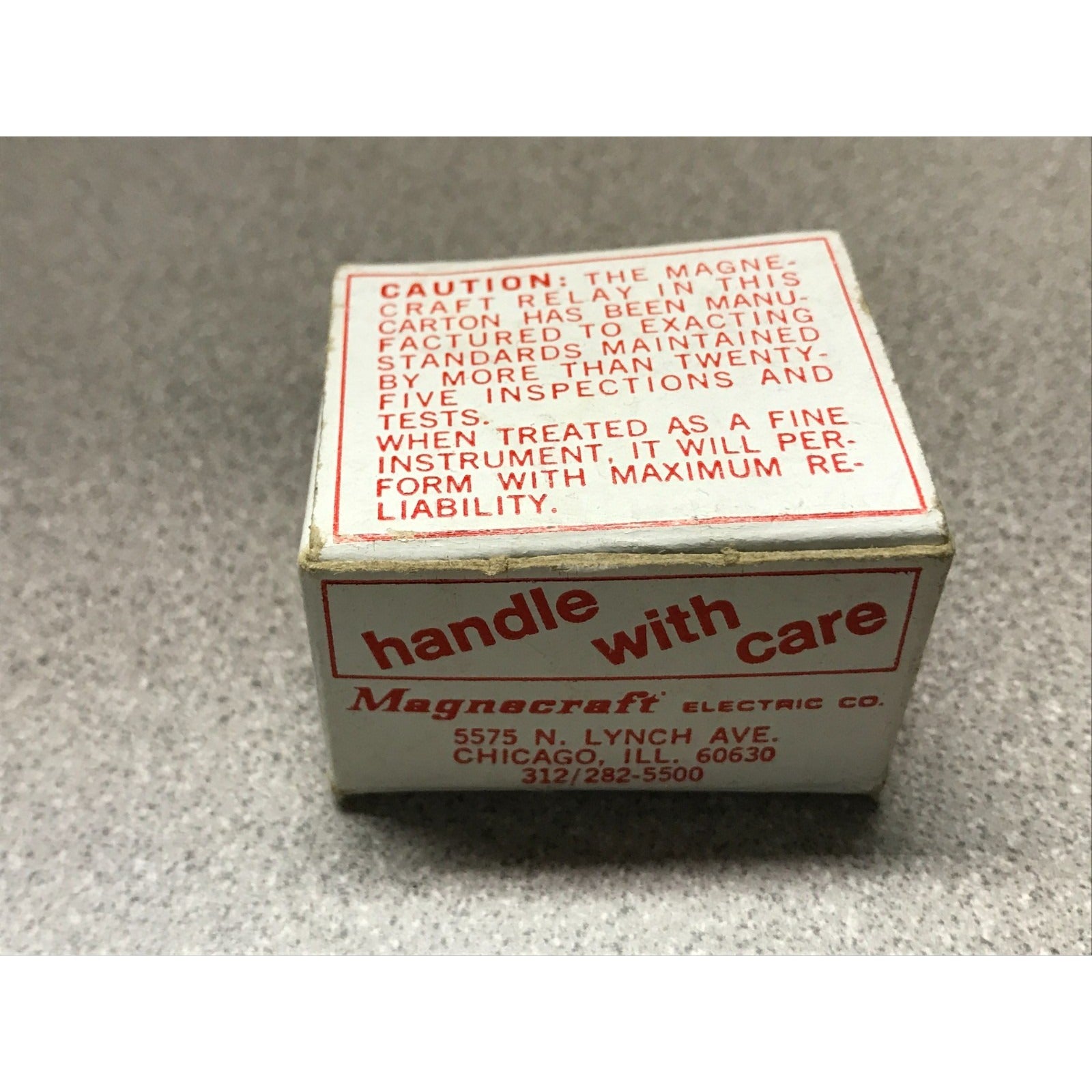 Magnecraft Relay W67CSX-1, Nom. Volts=6, Res. OHMs=52, Cont. Rating =3A box with Magnecraft logo and caution information