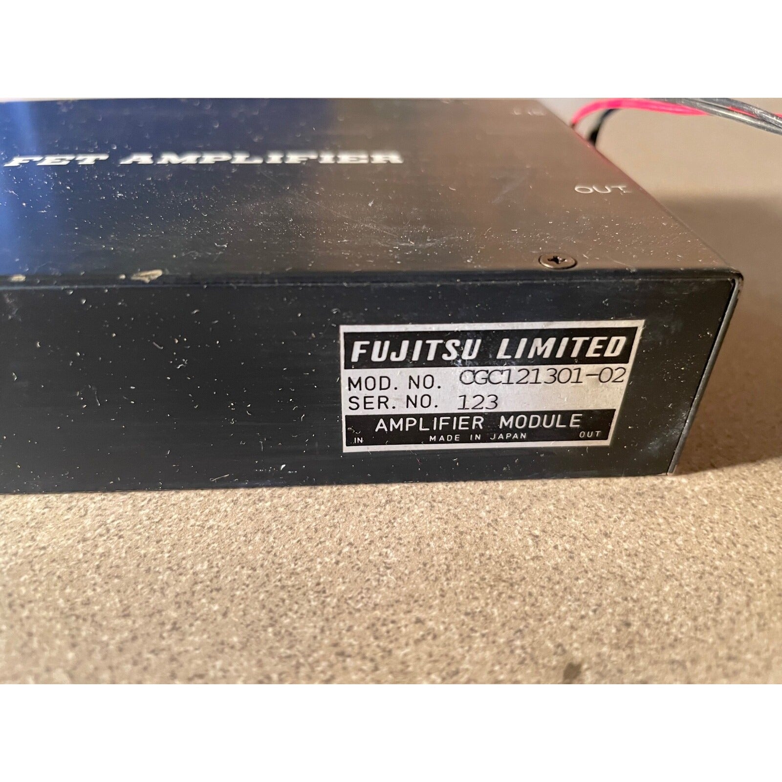 Fujitsu Limited Model CGC121301-02 12GHz-13GHz GaAs FET Amplifier product label closeup
