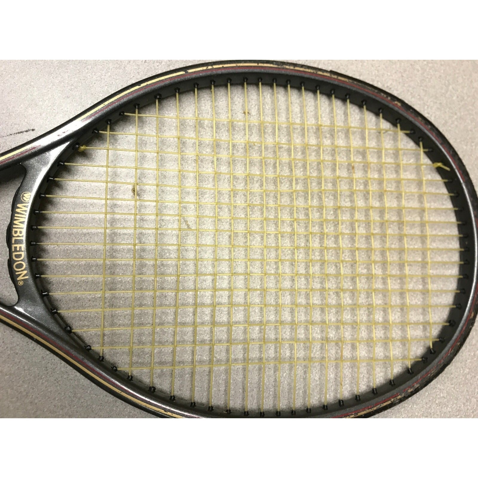 Wimbledon Graphite Tennis Racket in Original Wimbledon Carrying Case racket head closeup, no strings broken