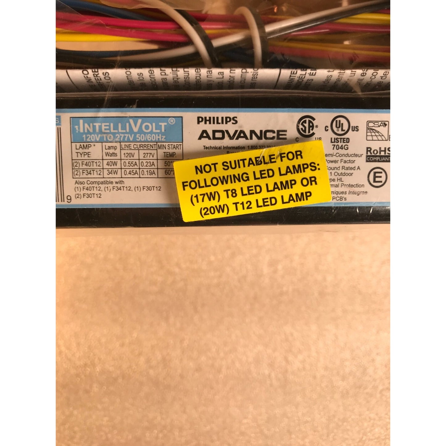 Philips Advance 120V to 277V Power Adapter warning label