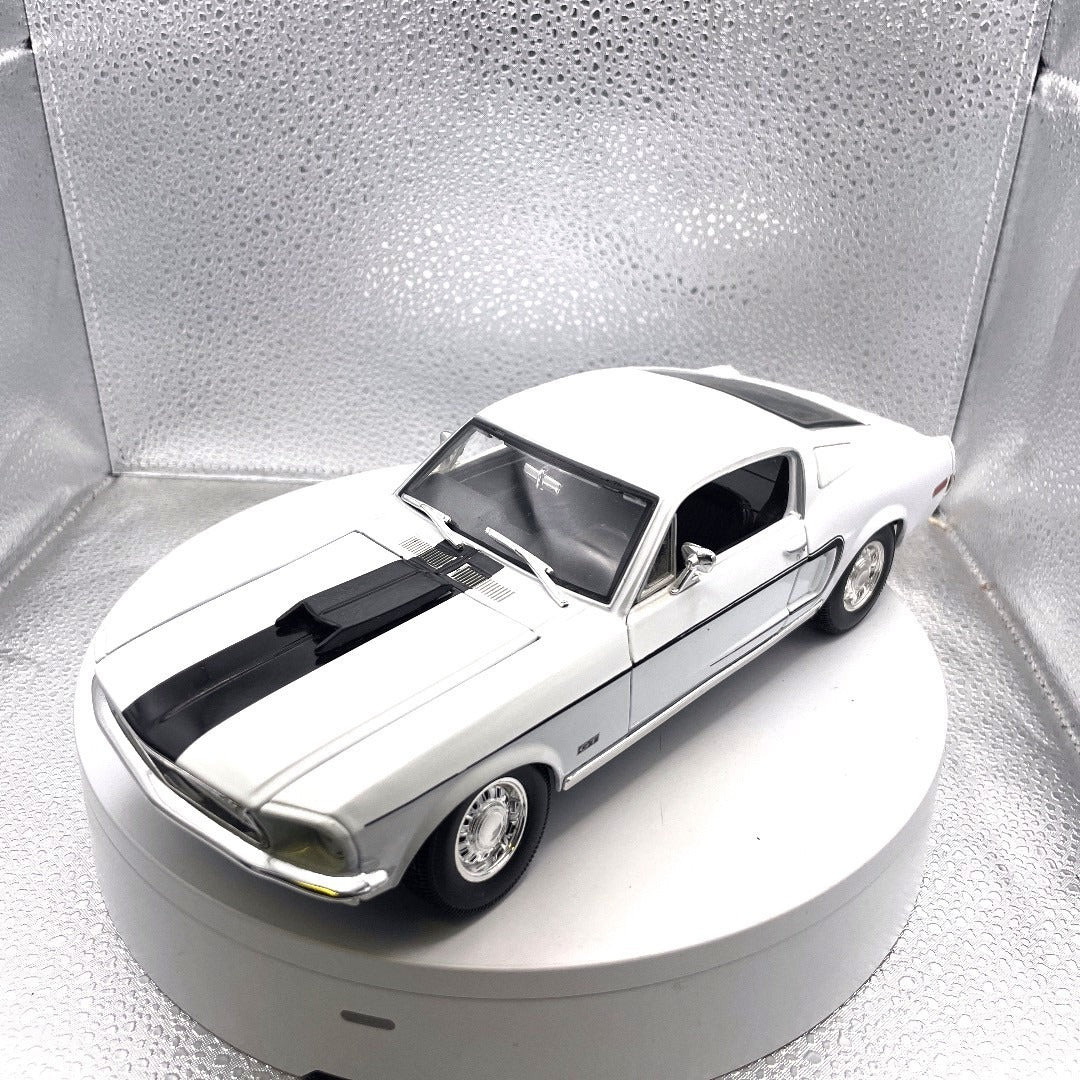 Maisto 1968 Ford Mustang GT White Die Cast, Scale: 1/18, No. 11330 front end/drivers side view