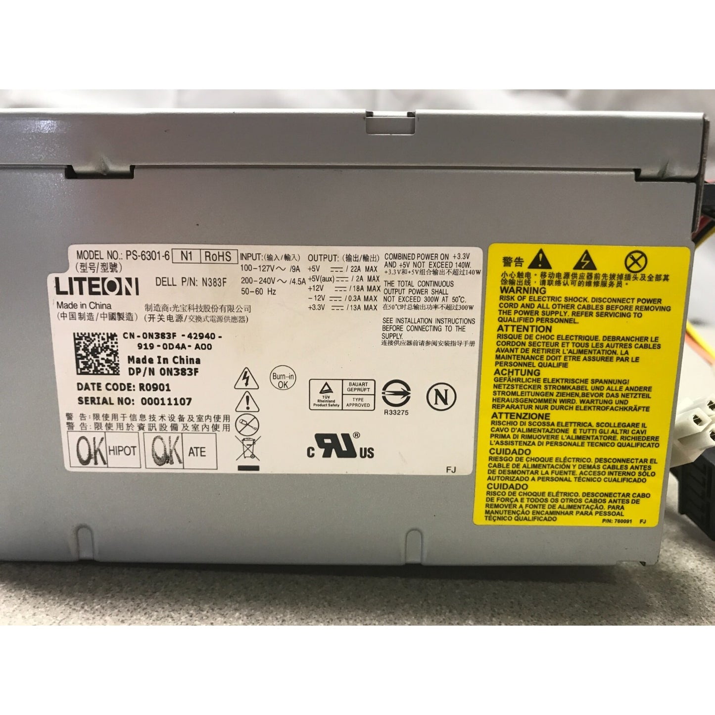 Liteon Power Supply PS-6301-6 - Dell N383F manufacture label model information and warnings