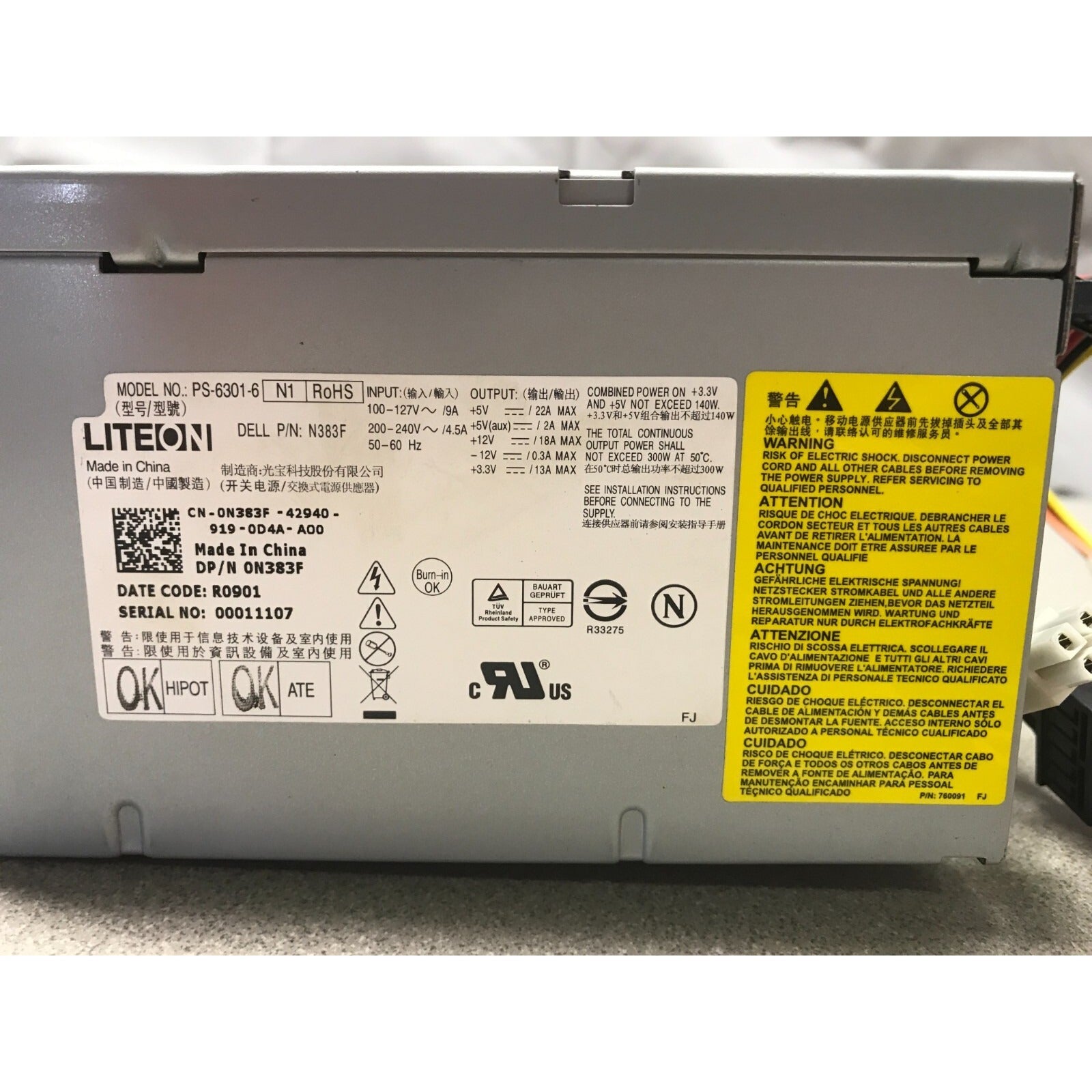 Liteon Power Supply PS-6301-6 - Dell N383F manufacture label model information and warnings