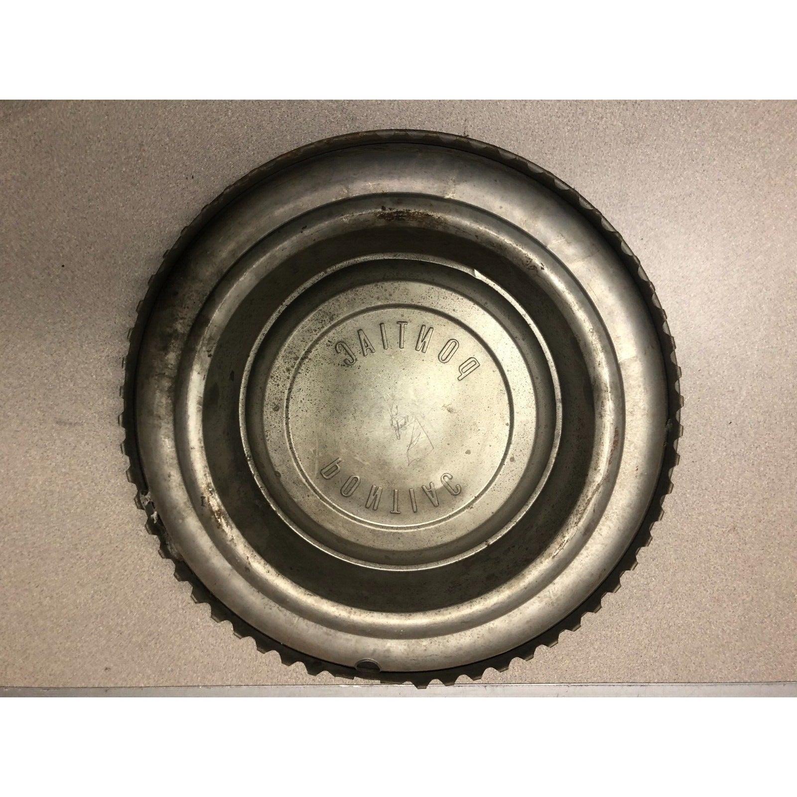 Pair 1958 Pontiac Hub Cap Wheel Cover 14in back side view some rust