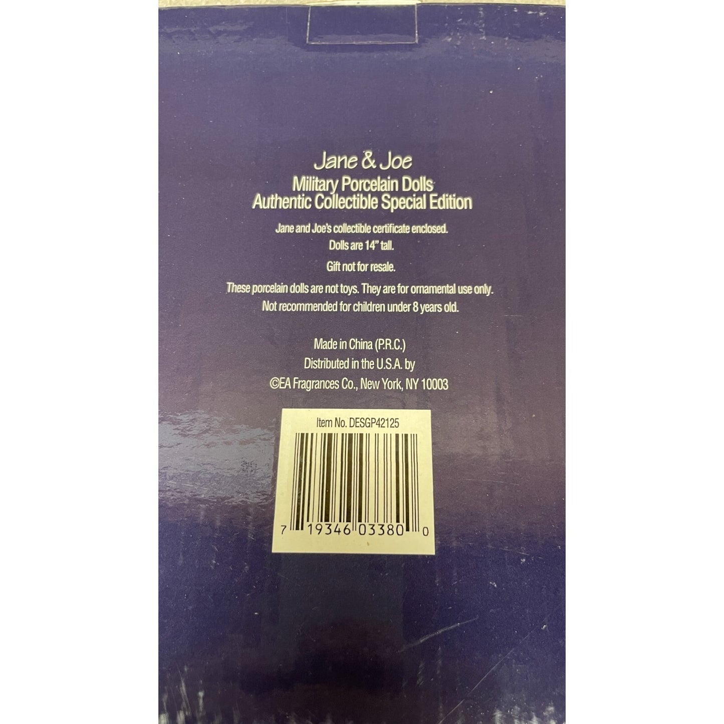 Jane &amp; Joe Military Porcelain Dolls 14" Special Edition back of box with UPC