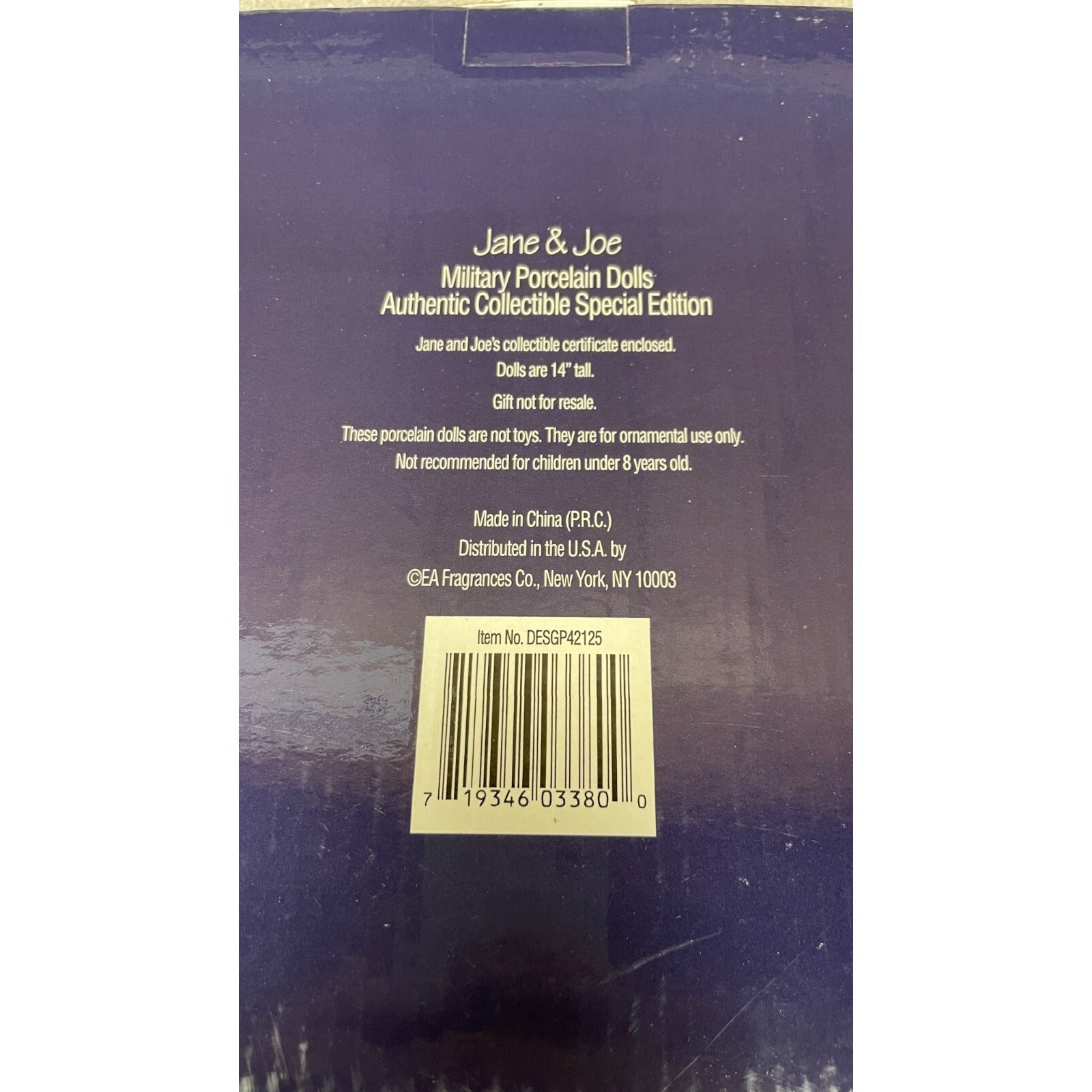 Jane &amp; Joe Military Porcelain Dolls 14" Special Edition back of box with UPC