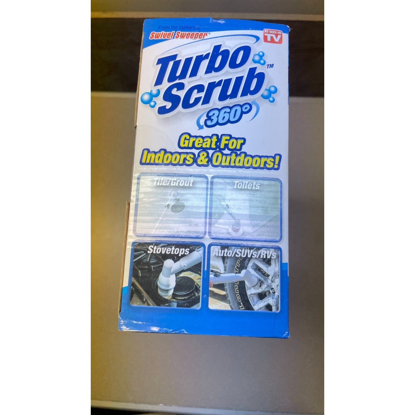 Turbo Scrub 360 Cordless Handheld Power Scrubber closeup of box showing applications for use