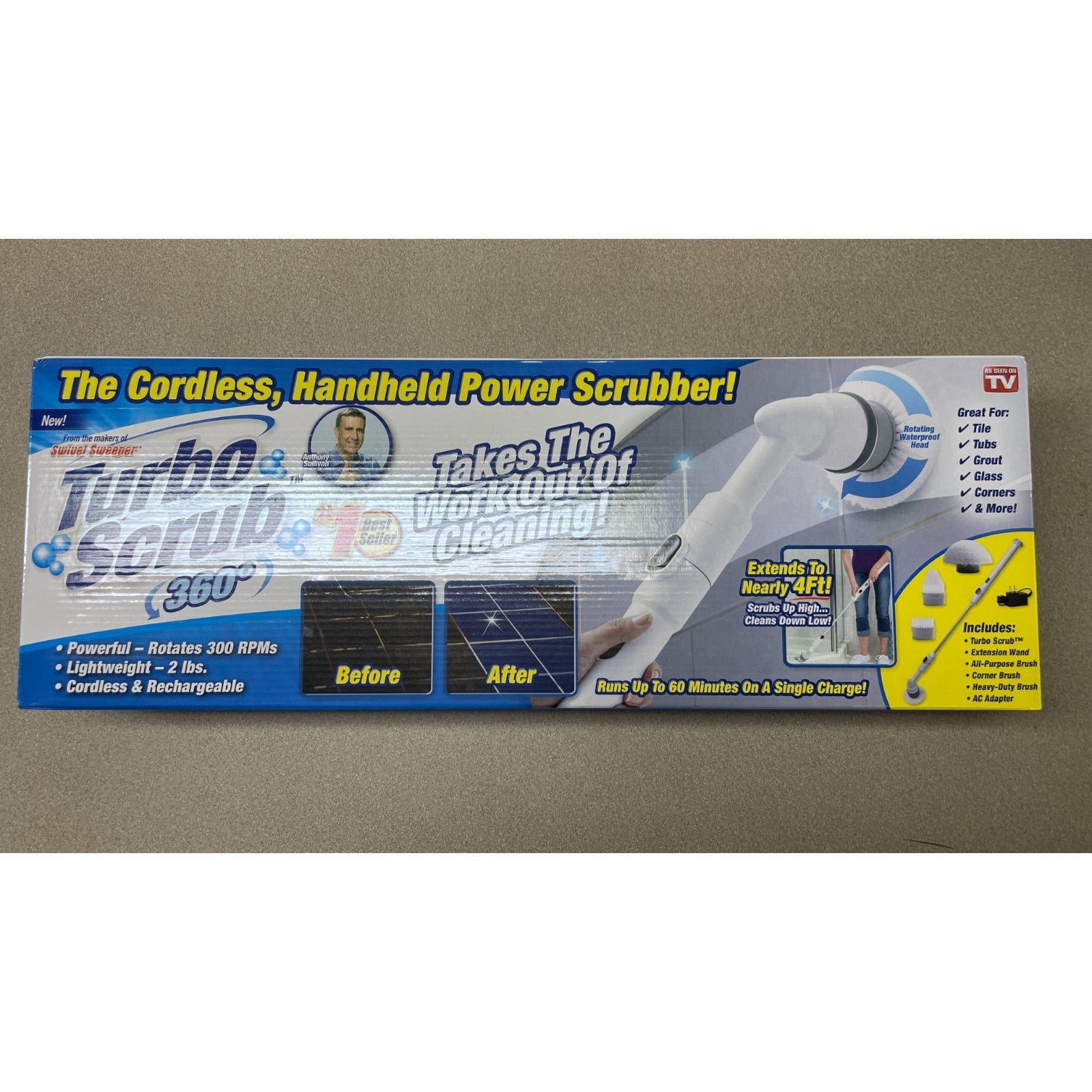 Turbo Scrub 360 power scrubber packaging on a beige background