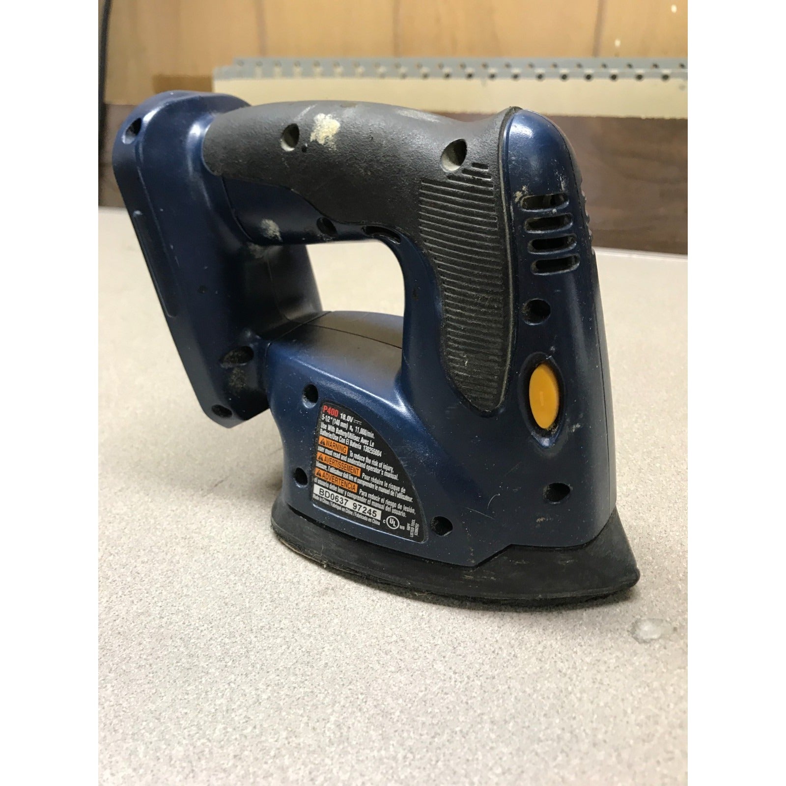 RYOBI P400 Handheld Sander, 18v. side view of sander product label visible