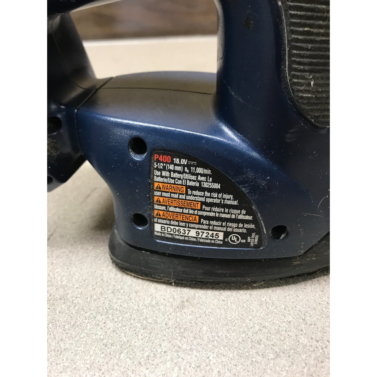RYOBI P400 Handheld Sander, 18v. closeup of sander product label