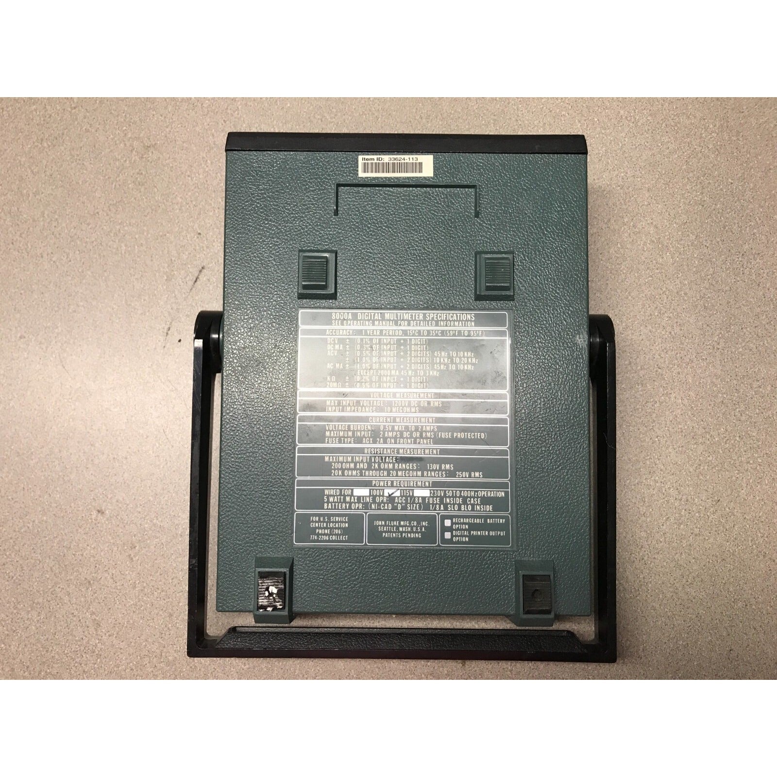 Hayes Instrument Fluke 8000A Digital Multimeter 2635201 bottom view with product label