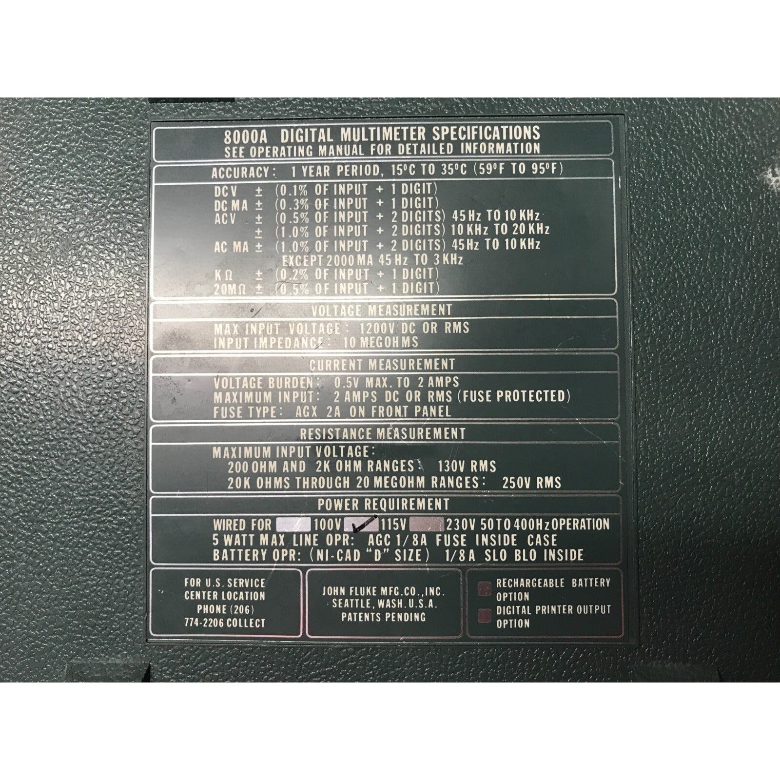 Hayes Instrument Fluke 8000A Digital Multimeter 2635201 product label closeup
